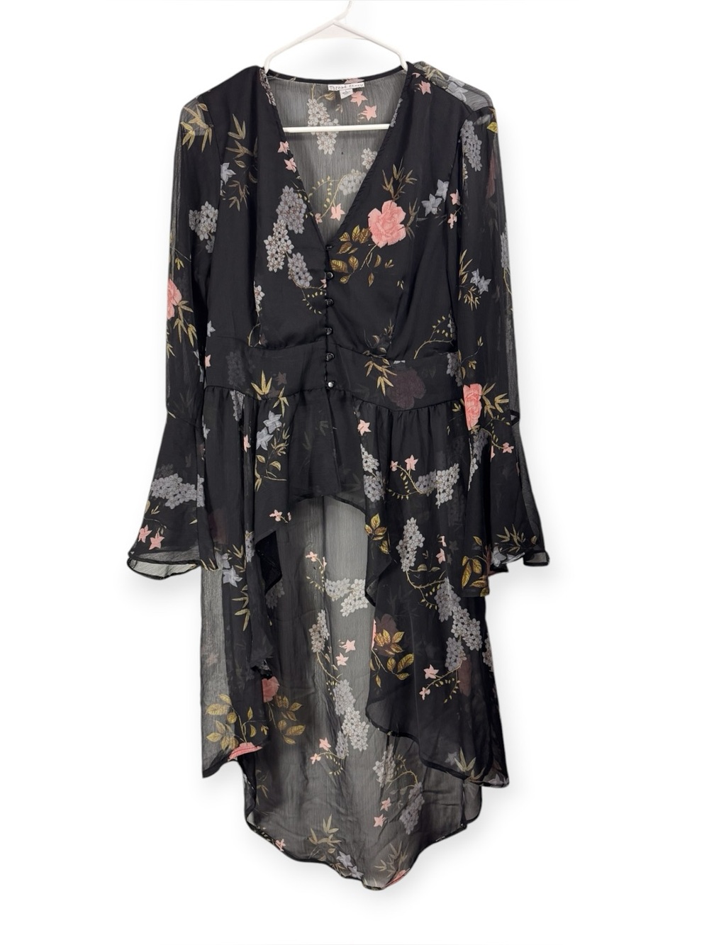Thread Story Black Floral High Low Chiffon Top Duster Kimono Large Bell Sleeve